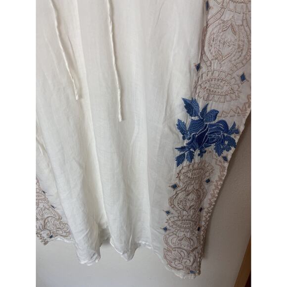 Johnny Was 3J Workshop White Blue Beige Embroidered Kaftan Dress Size Medium - Picture 7 of 10